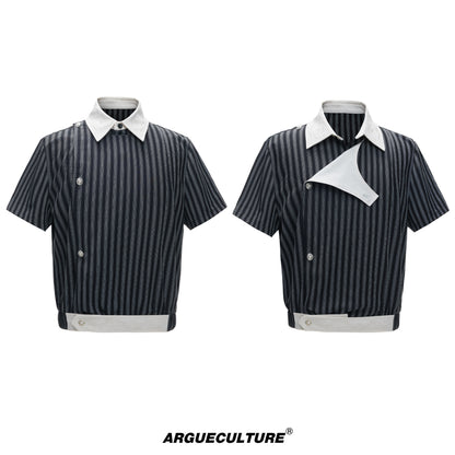 Deconstruction Stripe Embroidery Asymmetric Short Sleeve Shirt WN27020