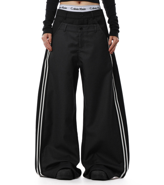 Double Waistband Stripe Patch Wide Leg Pants WN22096