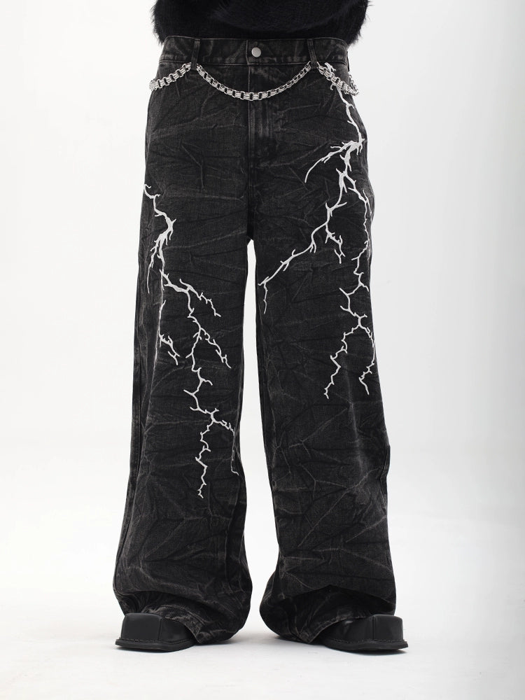 Lightning Embroidery Wide Leg Denim Jeans WN18727