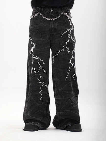 Lightning Embroidery Wide Leg Denim Jeans WN18727