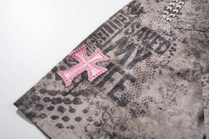 Camo Cross Graphic Denim Shorts WN25614