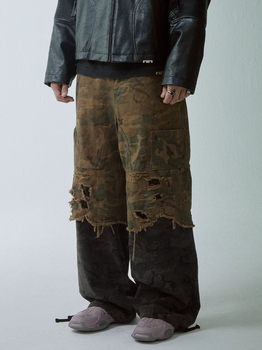 Camouflage Washed Damage Double-Layer Cargo Pants WN12270