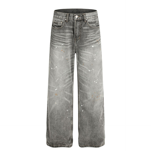 Dirty Washed Paint Wide Leg Denim Jeans WN25929