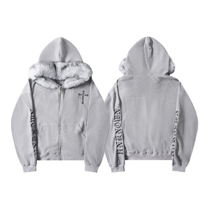 Cross Embroidery Fake Fur Collar Zipper Hoodie WN21880