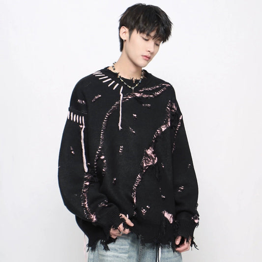 Irregular Damage Hole Contrast Knit Sweater WN21055