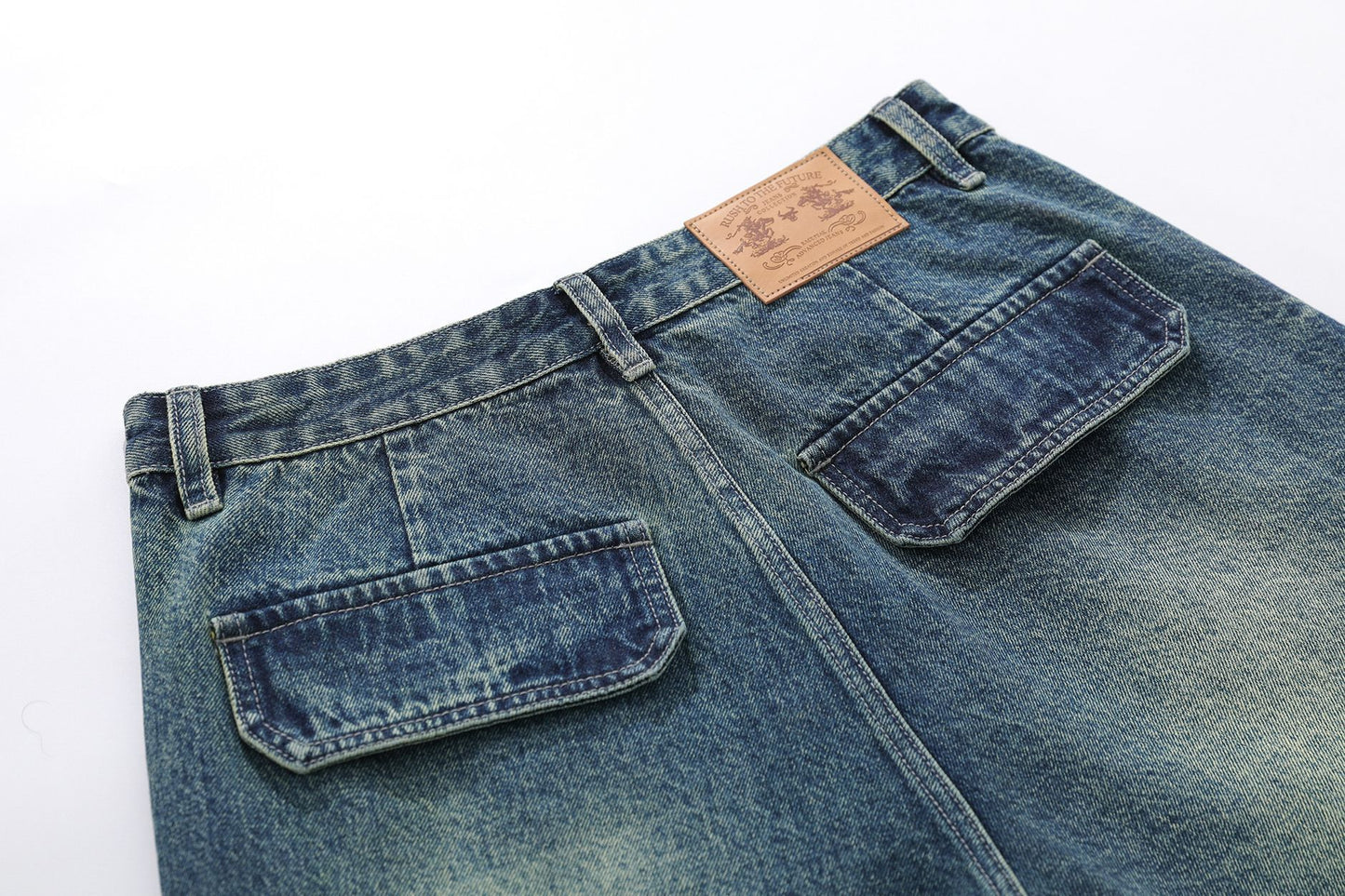 Washed Multi Pocket Letter Print Denim Half Jeans WN25994