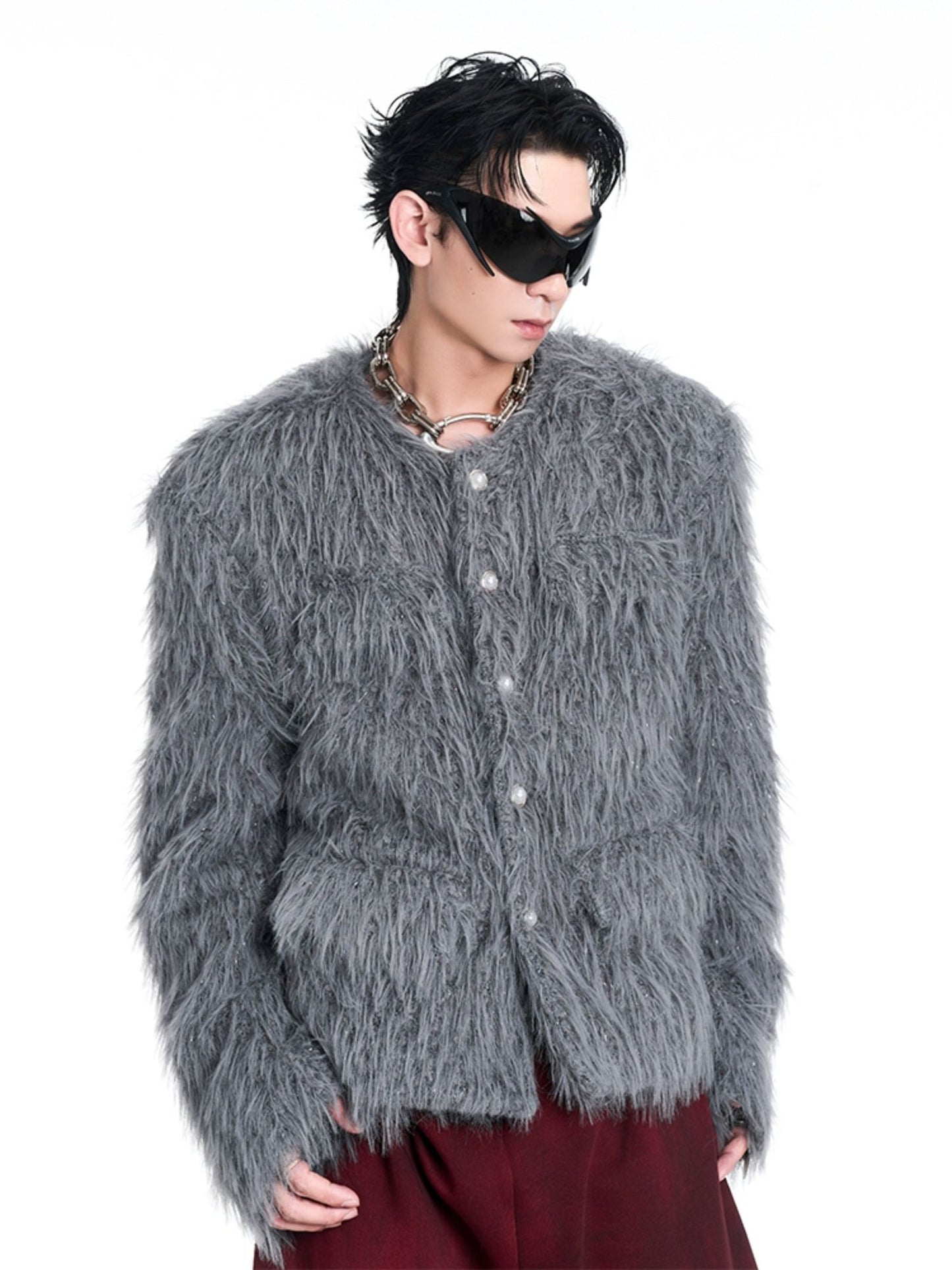 Tweed Shoulder-pad Fur Jacket WN10218