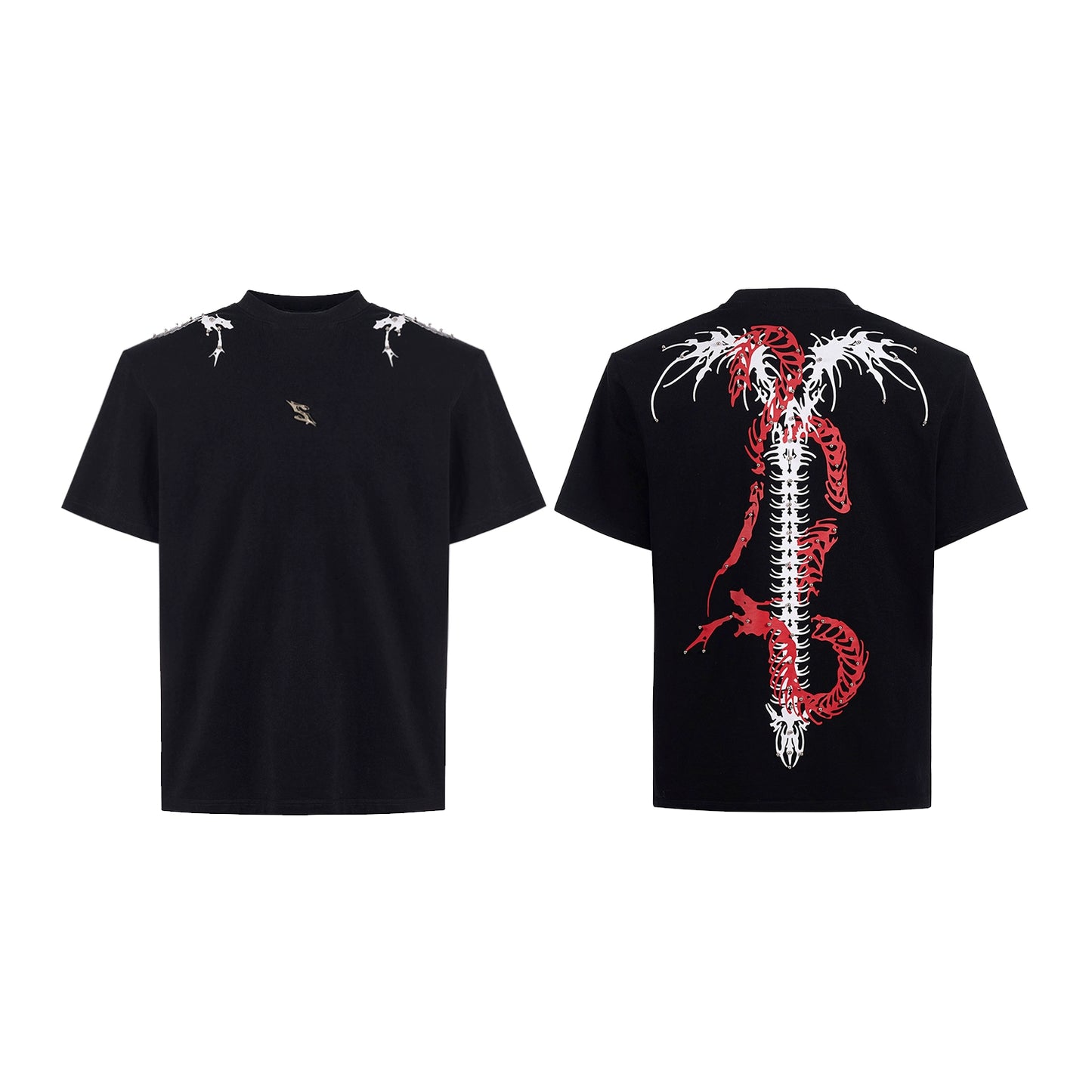 Studs Spine Snake Tie-Dye Shoulder-pad Short Sleeve T-Shirt WN16589