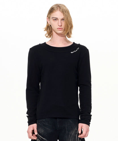 Double-Layered Neckline Embroidery Horse Logo Long Sleeve T-Shirt WN22654