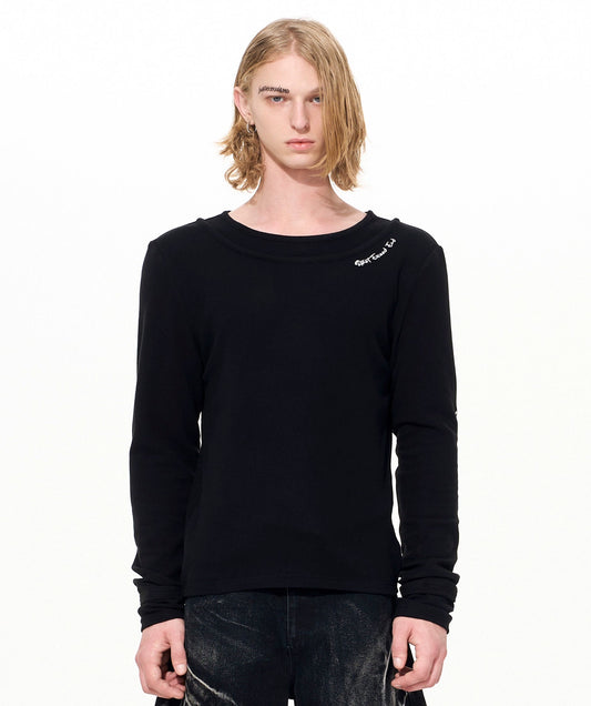 Double-Layered Neckline Embroidery Horse Logo Long Sleeve T-Shirt WN22654