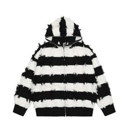 Damage Stripe Hooded Zipper Knit Cardigan WN11212