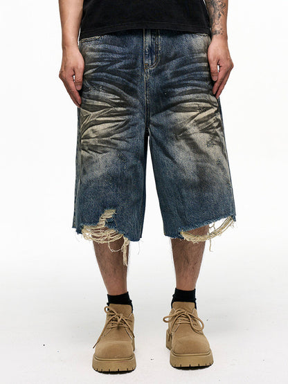 Pleats Washed Damage Wide Leg Denim Short Jeans WN24343