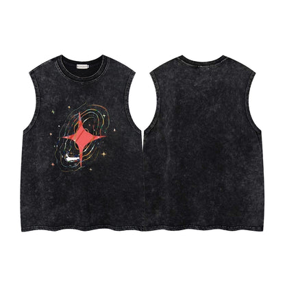 Washed Four-Point Star Print Oversize Sleeveless T-Shirt WN26932