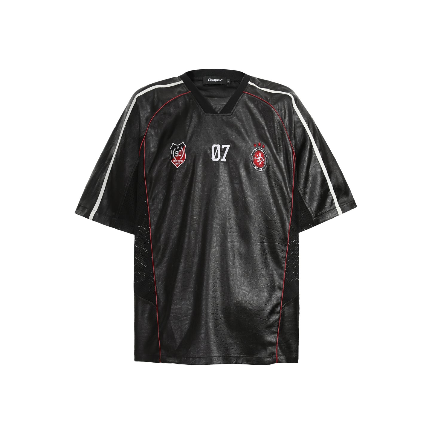 Chest Emblem PU Leather Stitching V-Neck Oversize Short Sleeve T-Shirt WN25655