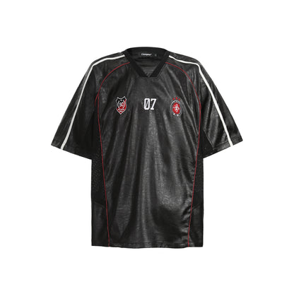 Chest Emblem PU Leather Stitching V-Neck Oversize Short Sleeve T-Shirt WN25655