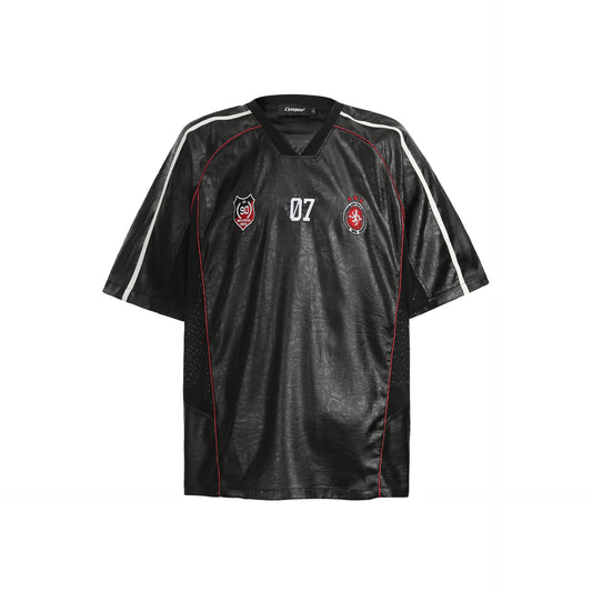 Chest Emblem PU Leather Stitching V-Neck Oversize Short Sleeve T-Shirt WN25655