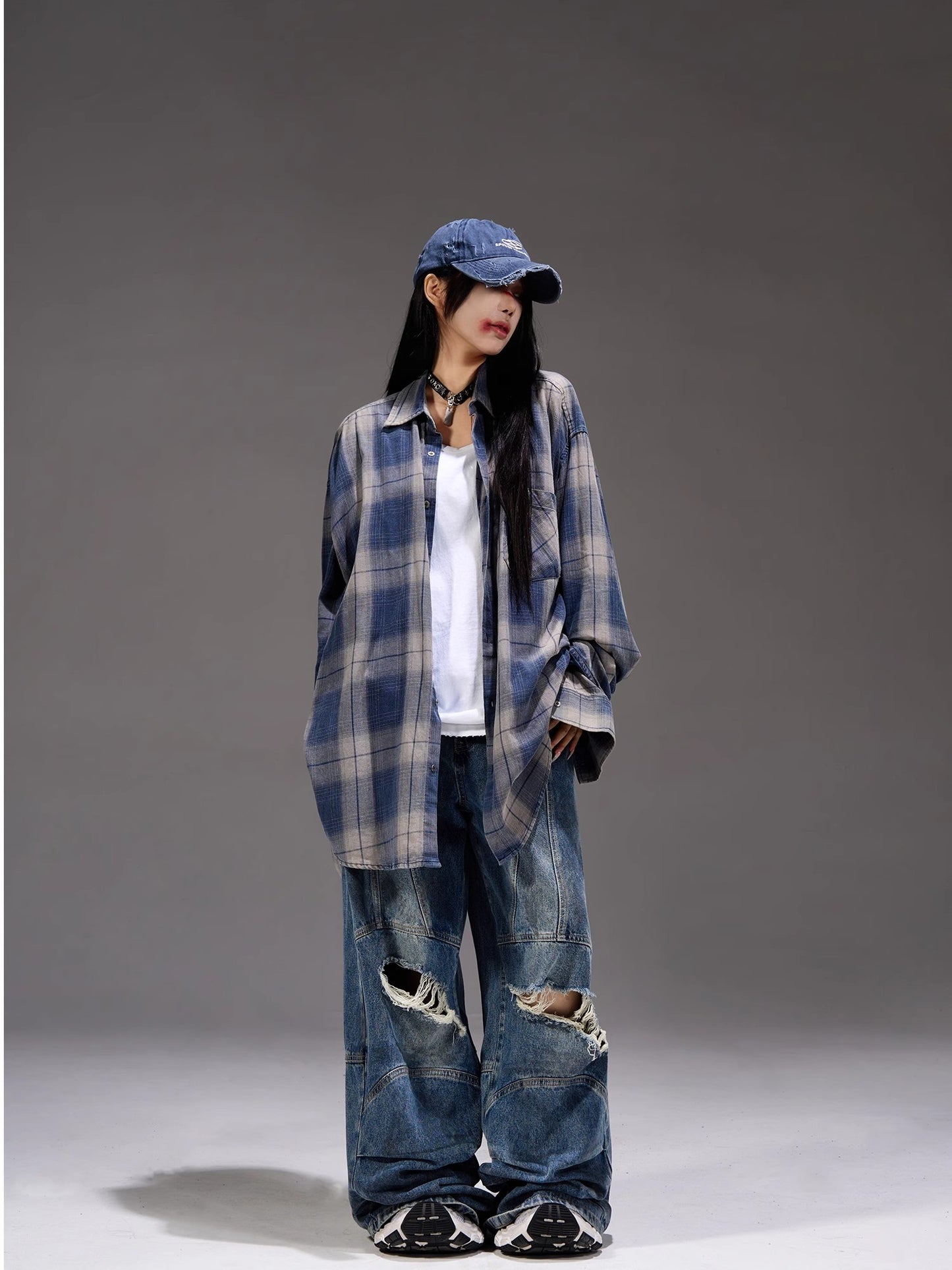 Gradient Plaid Long Sleeve Oversize Shirt WN7275