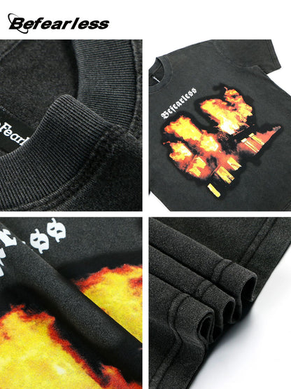 Washed Heavyweight Flame Print Oversize Short Sleeve T-Shirt WN26363