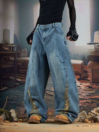 Deconstruction Splicing Leopard Washed Wide Leg Denim Jeans WN21361