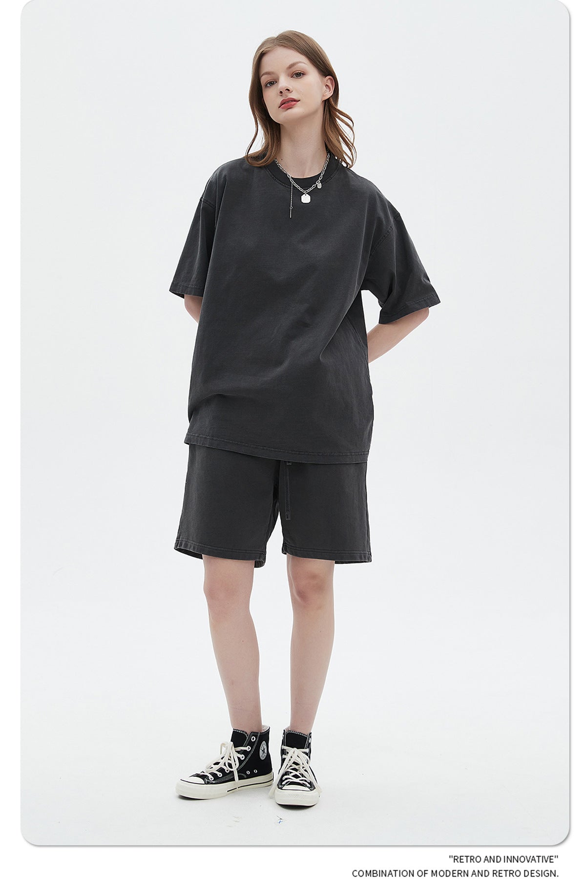 Oversize Washed Short-sleeve-T-shirt & Washed Short Sweatpants Setup WN6633
