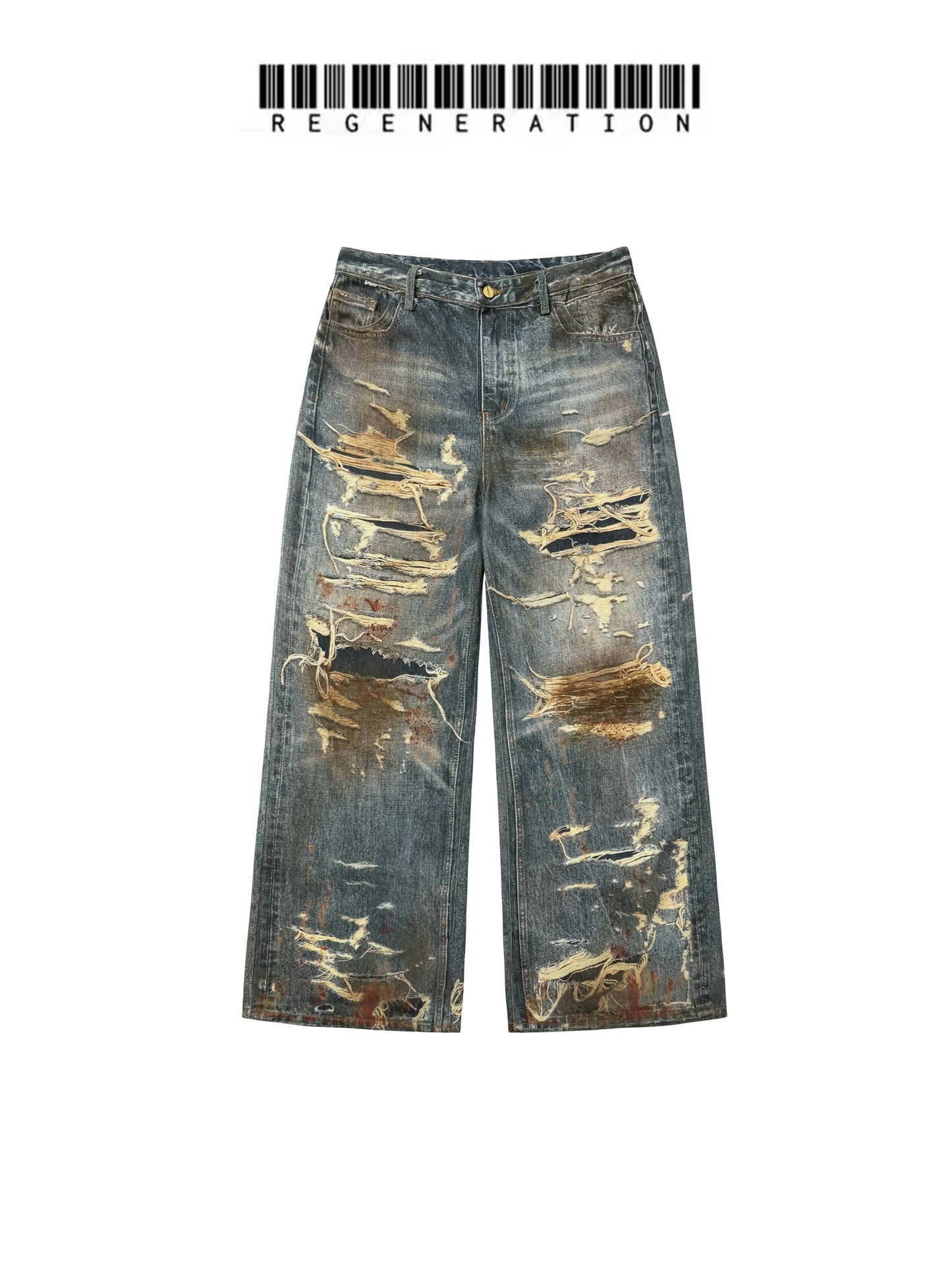 Washed Dirty Stain Damage Digital Print Denim Jeans WN19686