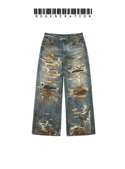 Washed Dirty Stain Damage Digital Print Denim Jeans WN19686