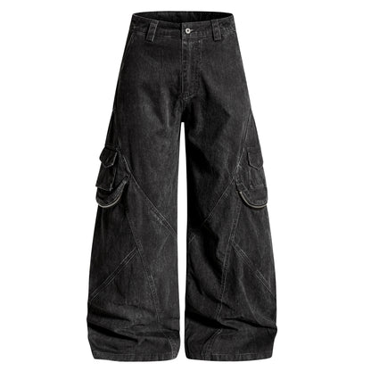 Washed Panel Seam Multi Pocket Wide Leg Denim Jeans WN24487