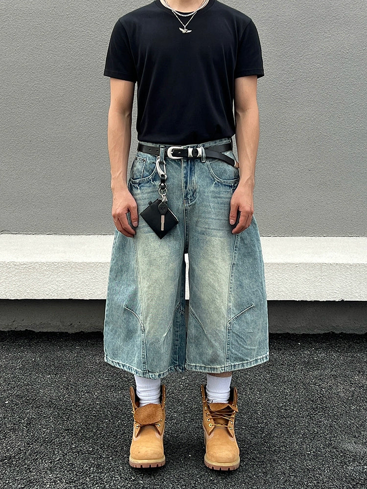 Deconstructed Washed Wide Leg Half Denim Jeans WN19569