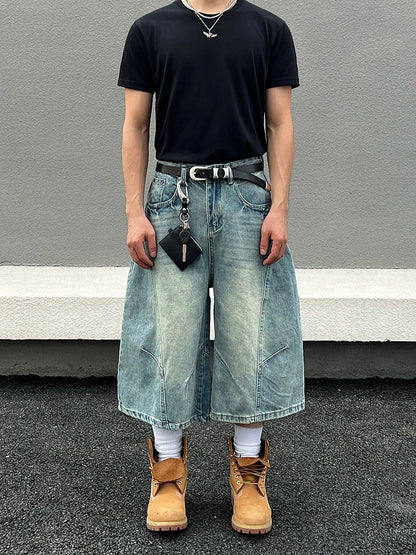 Deconstructed Washed Wide Leg Half Denim Jeans WN19569