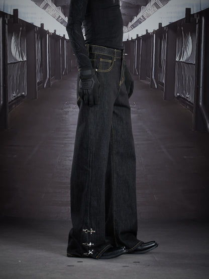 Metal Buckle Topstitch Straight Denim Jeans WN22905