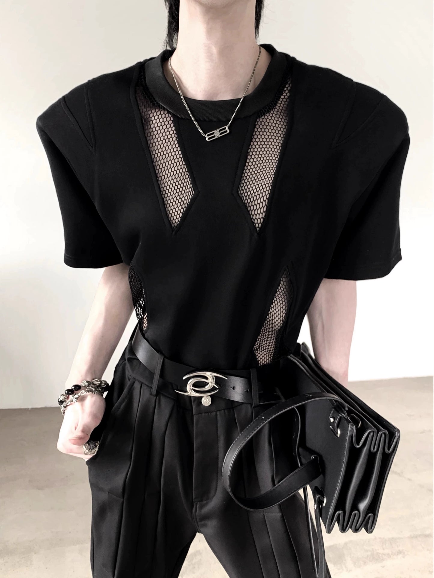 Mesh Patchwork Shoulder-pad Oversize Short Sleeve T-Shirt WN20340