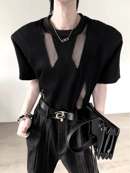 Mesh Patchwork Shoulder-pad Oversize Short Sleeve T-Shirt WN20340