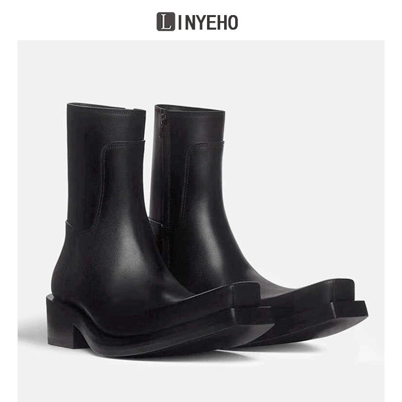 Square Toe Chunky Sole Leather Upturned Toe Chelsea Boots WN20603