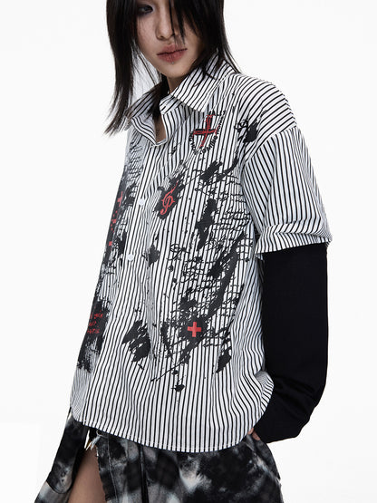 Striped Cross Print Fake Layered Long Sleeve Shirt WN27273