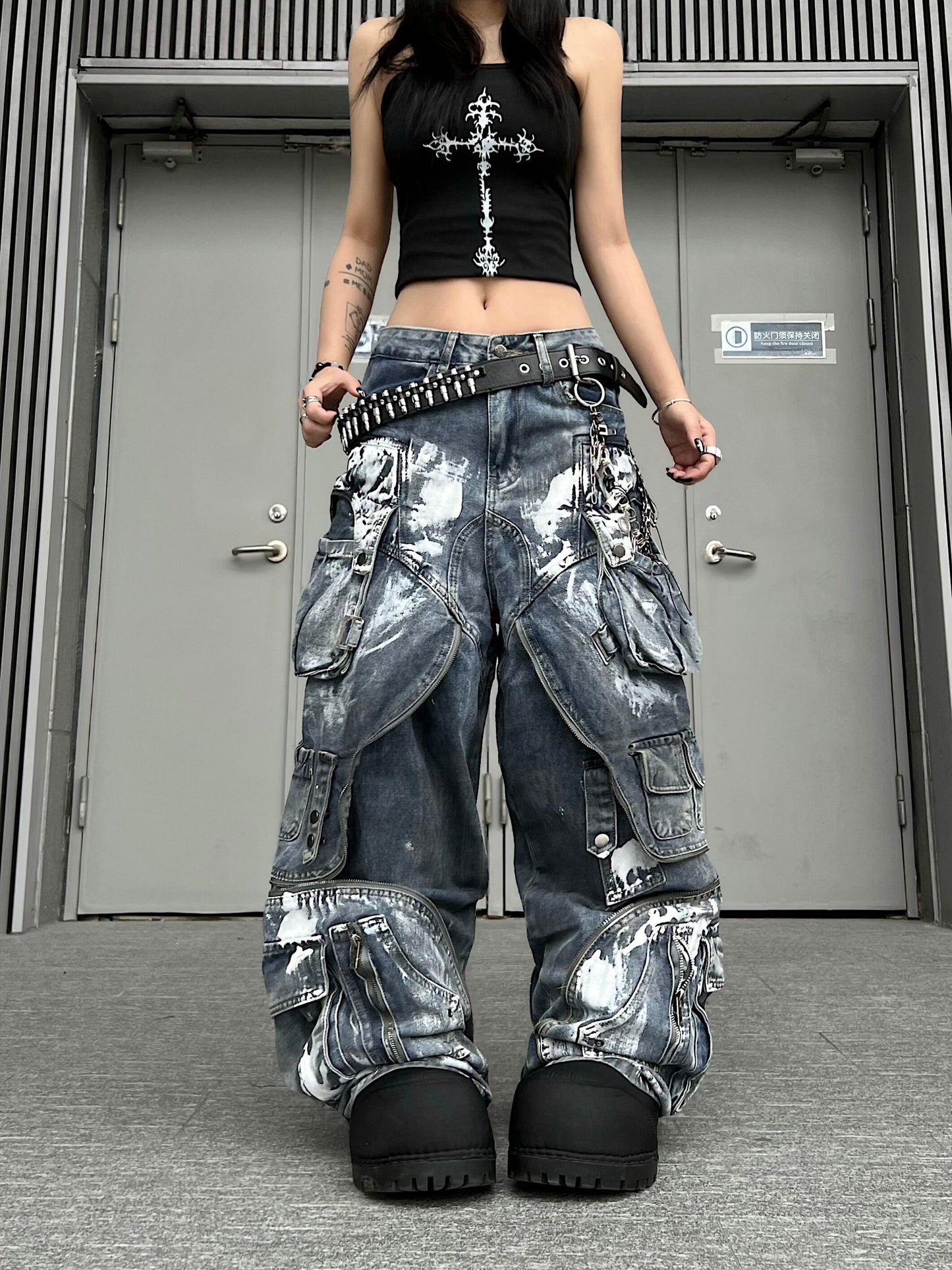 Deconstructed Layered Dirty Wash Wide Leg Cargo Denim Jeans WN24203