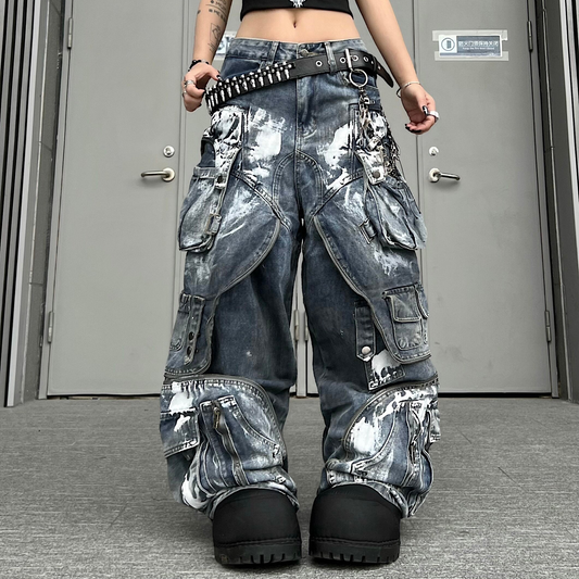 Deconstructed Layered Dirty Wash Wide Leg Cargo Denim Jeans WN24203