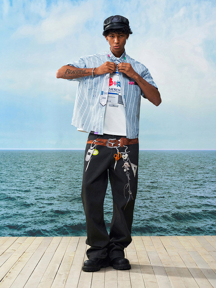 Belt-Print Utility Graphic Straight Pants WN23249