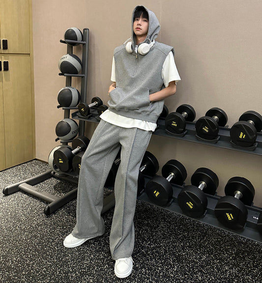 Hooded Shoulder-pad Pullover Hoodie & Layering Short Sleeve T-Shirt & Air Layer Cotton Sporty Wide Leg Pants Setup WN25225
