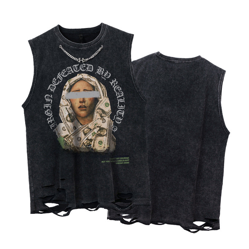 Oversize Washed Damage Graphic Print Tank Top WN16522