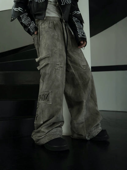 Dirty Dye Patchwork Print Wide Leg Cargo Pants WN27837