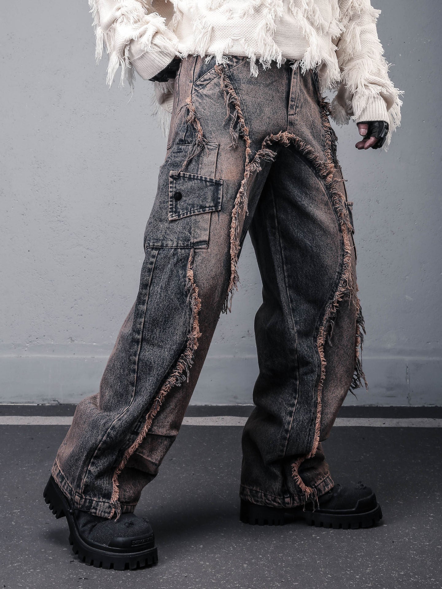 Damage Wash Mix Fringe Wide Leg Denim Jeans WN22503