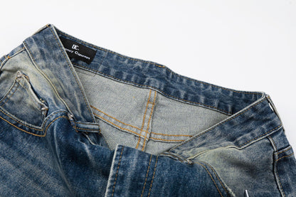 Washed Whisker Damage Wide Leg Denim Jeans WN26008