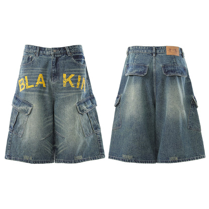 Washed Multi Pocket Letter Print Denim Half Jeans WN25994