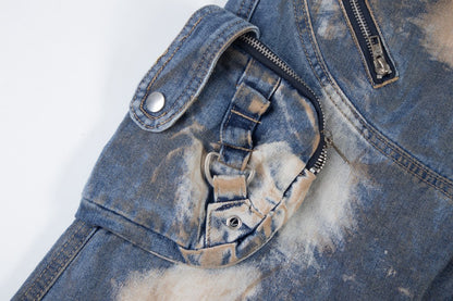 Bleached Damage Multi-Pocket Wide Leg Denim Jeans WN27797