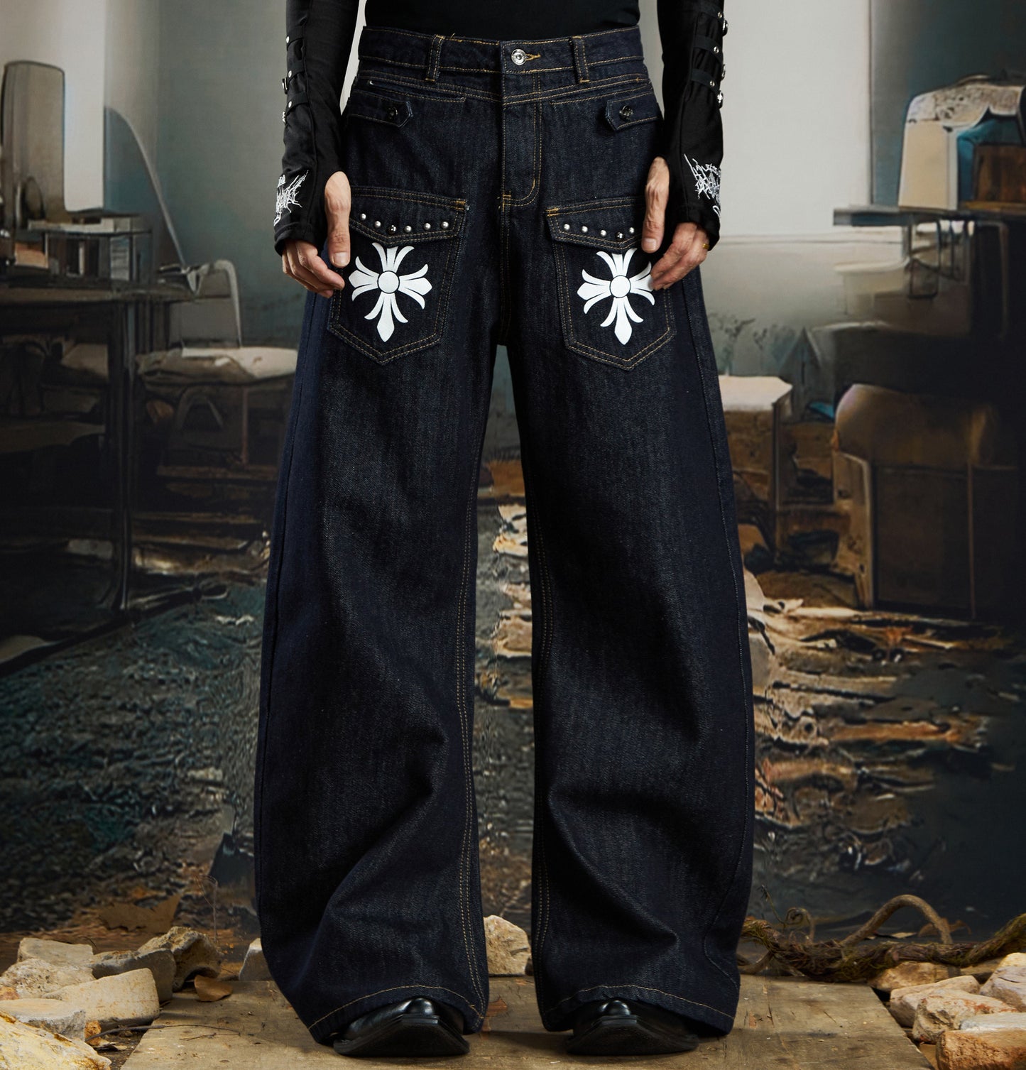 Cross Print Rivet Deconstruction Curved Leg Denim Jeans WN22776