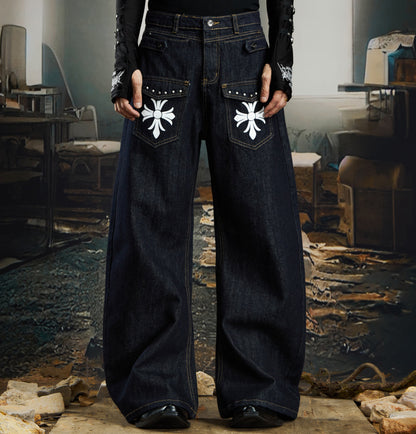 Cross Print Rivet Deconstruction Curved Leg Denim Jeans WN22776