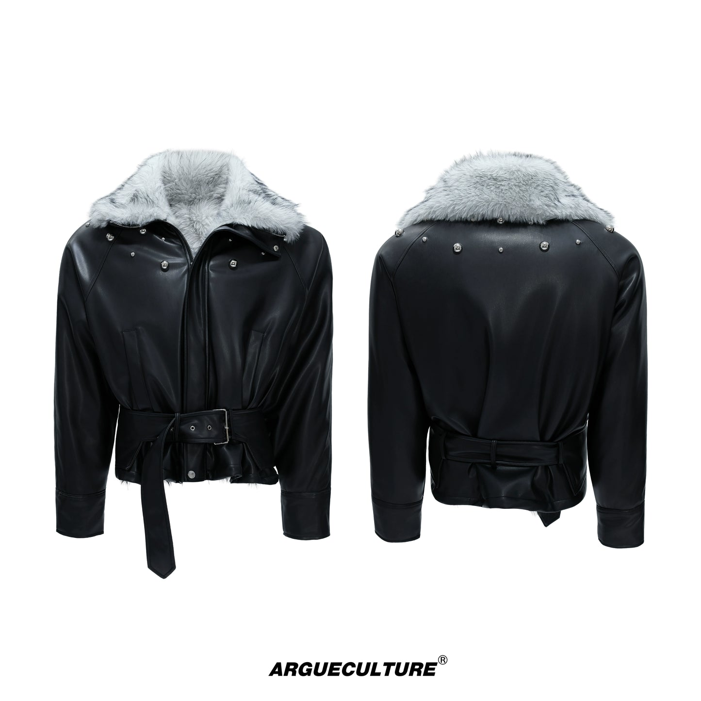 Studs High-Neck Fake Fur Collar PU Leather Puffer Jacket WN21719