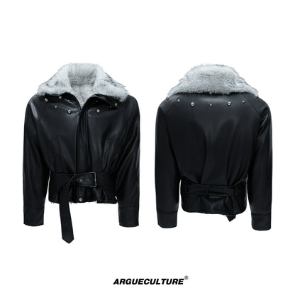 Studs High-Neck Fake Fur Collar PU Leather Puffer Jacket WN21719