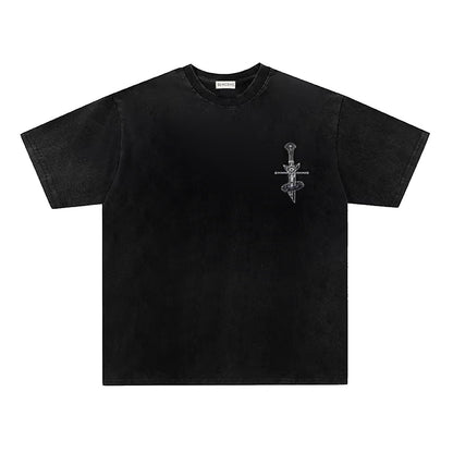 Washed Broken Sword Sacred Tree Print Short Sleeve T-Shirt WN26903