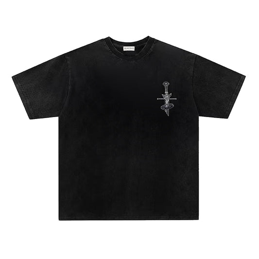 Washed Broken Sword Sacred Tree Print Short Sleeve T-Shirt WN26903